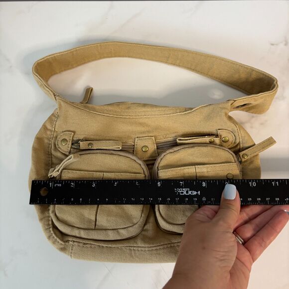 Vintage Y2K 90s Purse Bag Baguette Shoulder Bag Military Pockets Canvas Beige - Picture 6 of 9
